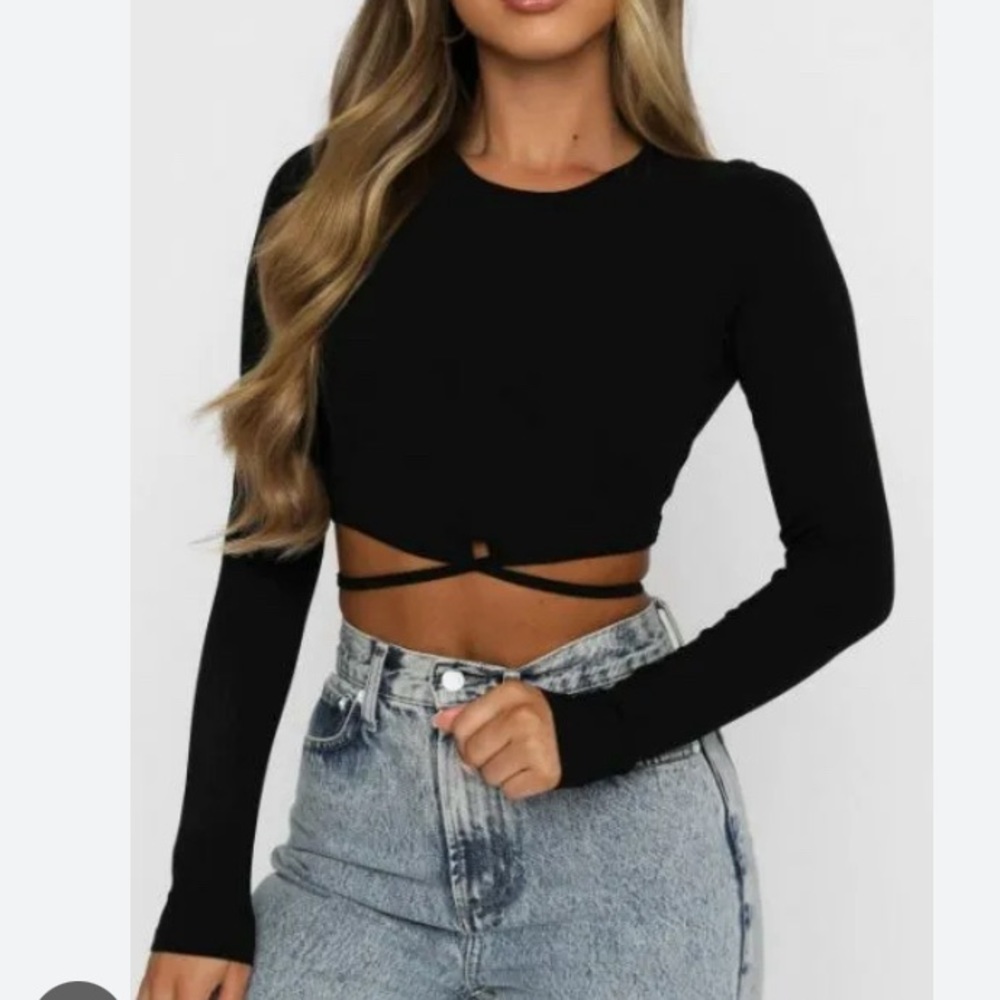 White Fox Ever After Black Long Sleeve Wrap Crop Top